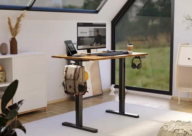 Alt view image 2 of 7 - Claiks Electric Standing Desk, Adjustable Height Stand up Desk, 48x24 Inches Sit Stand Home Office Desk with Splice Board, Black Frame/Rustic Brown Top