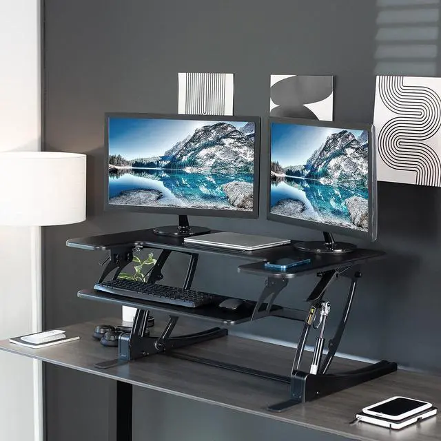 Alt view image 4 of 7 - 36 inch Height Adjustable Stand Up Desk Converter, V Series, Quick Sit to Stand Tabletop Dual Monitor Riser Workstation, Black, DESK-V000V