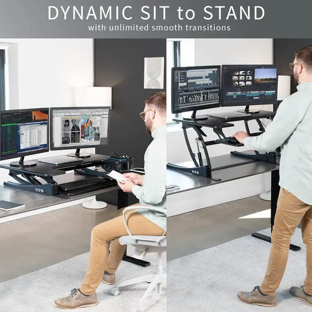 Alt view image 5 of 7 - 36 inch Height Adjustable Stand Up Desk Converter, V Series, Quick Sit to Stand Tabletop Dual Monitor Riser Workstation, Black, DESK-V000V