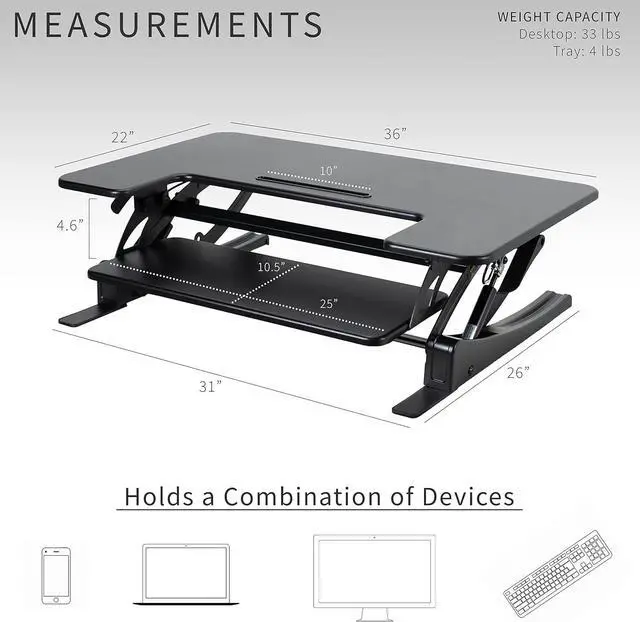 Alt view image 3 of 7 - 36 inch Height Adjustable Stand Up Desk Converter, V Series, Quick Sit to Stand Tabletop Dual Monitor Riser Workstation, Black, DESK-V000V