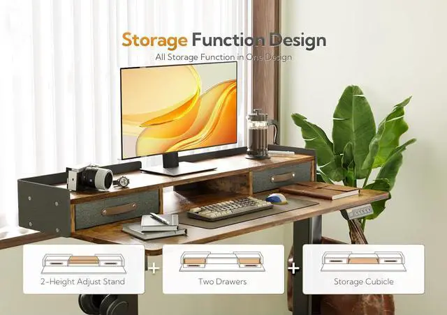 Alt view image 3 of 7 - Claiks Standing Desk with Drawers, Stand Up Electric Standing Desk Adjustable Height, Sit Stand Desk with Storage Shelf and Splice Board, 48 Inch, Rustic Brown