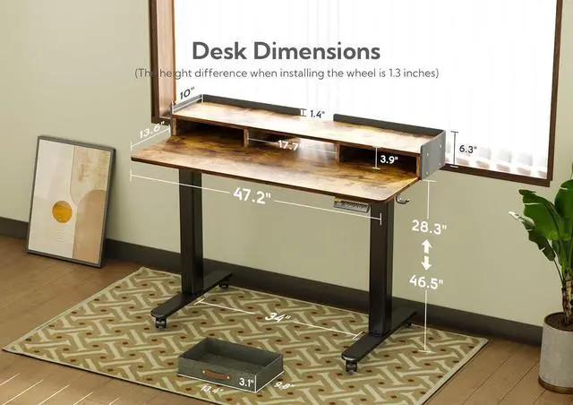 Alt view image 4 of 7 - Claiks Standing Desk with Drawers, Stand Up Electric Standing Desk Adjustable Height, Sit Stand Desk with Storage Shelf and Splice Board, 48 Inch, Rustic Brown