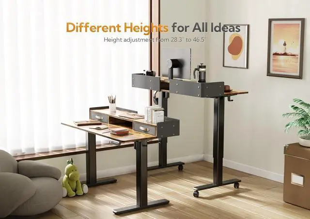 Alt view image 5 of 7 - Claiks Standing Desk with Drawers, Stand Up Electric Standing Desk Adjustable Height, Sit Stand Desk with Storage Shelf and Splice Board, 48 Inch, Rustic Brown