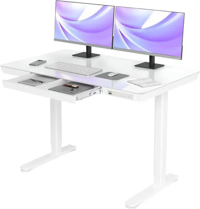 Main image of Claiks Glass Standing Desk with Drawers, 48×24 Inch Adjustable Stand Up Desk, Quick Install Home Office Computer Desk with USB Ports, White