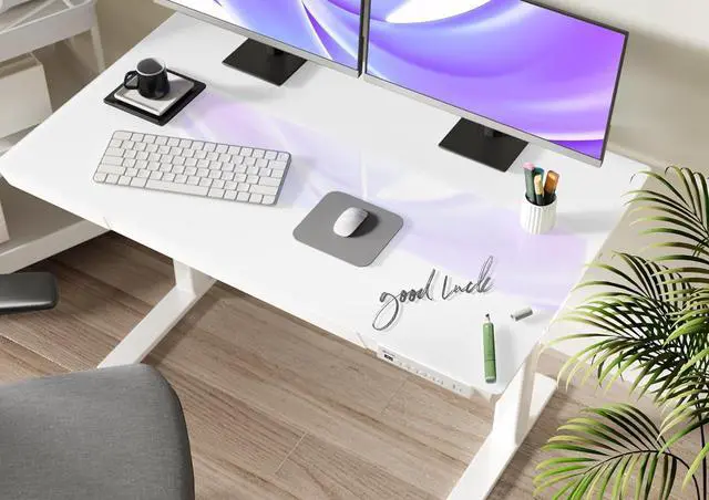 Alt view image 2 of 7 - Claiks Glass Standing Desk with Drawers, 48×24 Inch Adjustable Stand Up Desk, Quick Install Home Office Computer Desk with USB Ports, White