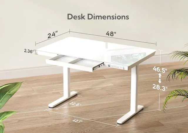 Alt view image 3 of 7 - Claiks Glass Standing Desk with Drawers, 48×24 Inch Adjustable Stand Up Desk, Quick Install Home Office Computer Desk with USB Ports, White