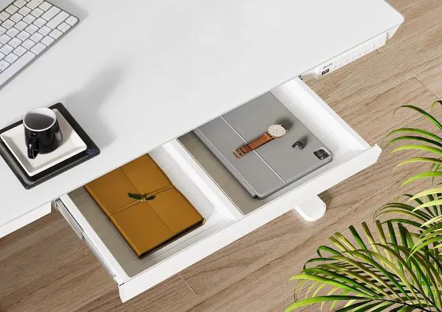Alt view image 6 of 7 - Claiks Glass Standing Desk with Drawers, 48×24 Inch Adjustable Stand Up Desk, Quick Install Home Office Computer Desk with USB Ports, White