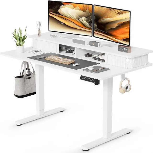 Main image of JOY worker Height Adjustable Electric Standing Desk with Storage Shelves, 48 Inch Table with Built-in Monitor Stand, Sit Stand Desk with 2 Hooks for Home Office, White