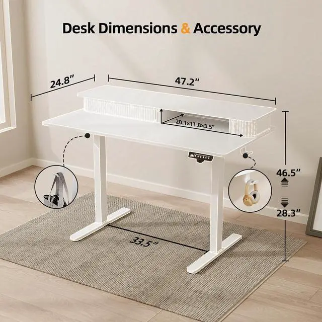 Alt view image 3 of 7 - JOY worker Height Adjustable Electric Standing Desk with Storage Shelves, 48 Inch Table with Built-in Monitor Stand, Sit Stand Desk with 2 Hooks for Home Office, White