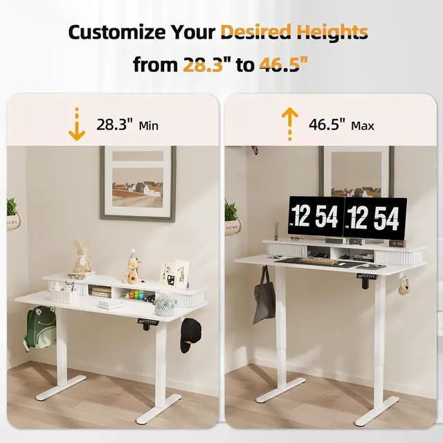 Alt view image 6 of 7 - JOY worker Height Adjustable Electric Standing Desk with Storage Shelves, 48 Inch Table with Built-in Monitor Stand, Sit Stand Desk with 2 Hooks for Home Office, White