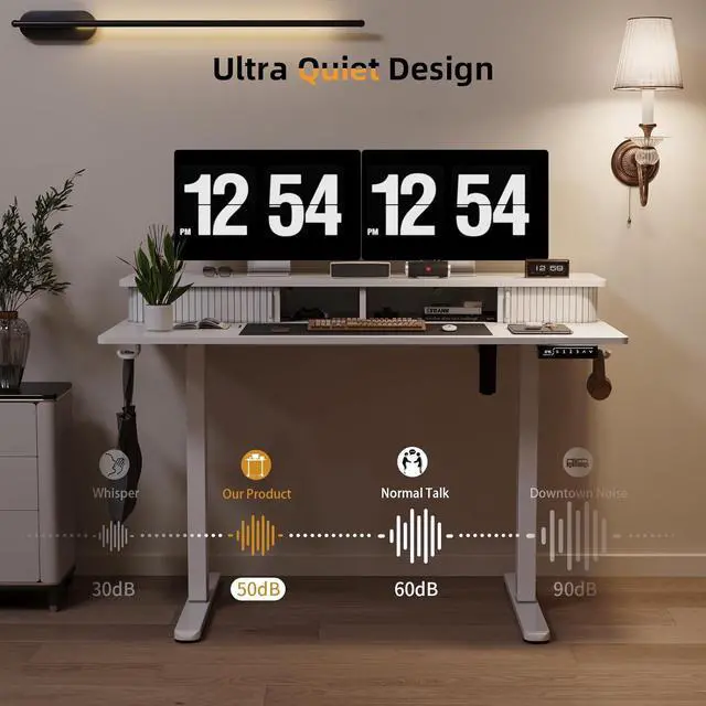 Alt view image 7 of 7 - JOY worker Height Adjustable Electric Standing Desk with Storage Shelves, 48 Inch Table with Built-in Monitor Stand, Sit Stand Desk with 2 Hooks for Home Office, White