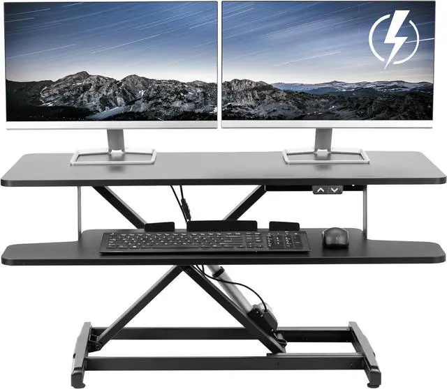 Main image of 36 inch Electric Motor Desk Converter, Height Adjustable Riser, Sit to Stand Dual Monitor and Laptop Workstation with Wide Keyboard Tray, Black, DESK-VE36B by DT
