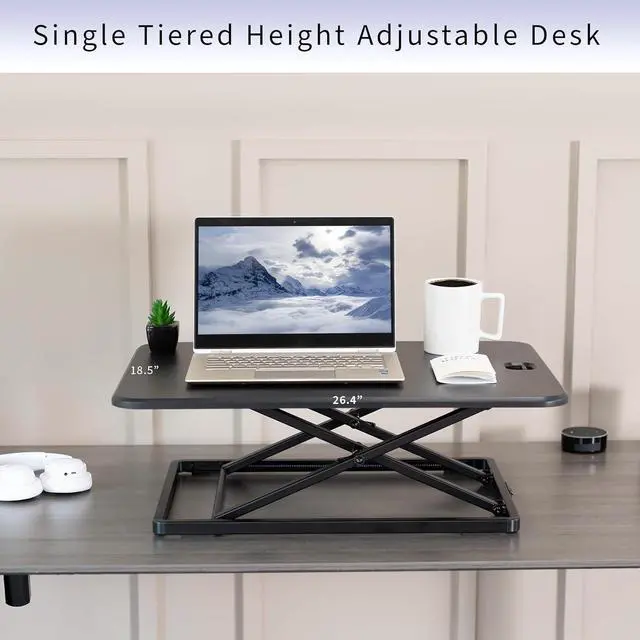 Alt view image 7 of 7 - Ultra-Slim Single Top Height Adjustable Standing Desk Riser, Compact Sit Stand Desktop Converter for Monitor or Laptop, Black, DESK-V001J