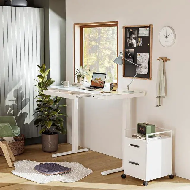 Alt view image 2 of 7 - Electric Standing Desk with Drawers, 55 inch Whole-Piece Glass Desktop, Height Adjustable Stand up Sit Stand Home Office Ergonomic Workstation, White Tabletop