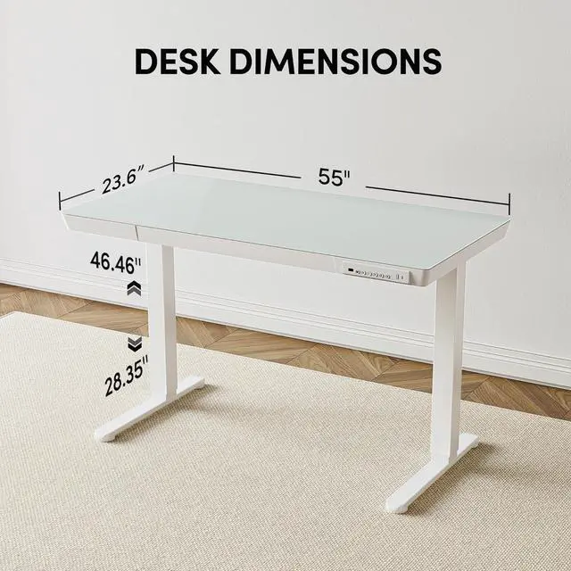 Alt view image 3 of 7 - Electric Standing Desk with Drawers, 55 inch Whole-Piece Glass Desktop, Height Adjustable Stand up Sit Stand Home Office Ergonomic Workstation, White Tabletop