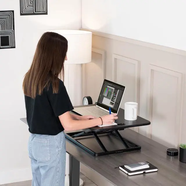 Alt view image 5 of 7 - Ultra-Slim Single Top Height Adjustable Standing Desk Riser, Compact Sit Stand Desktop Converter for Monitor or Laptop, Black, DESK-V001J