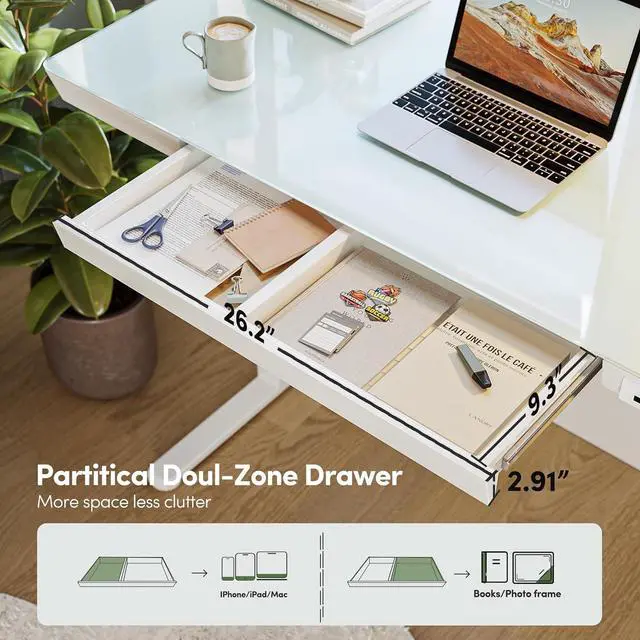 Alt view image 4 of 7 - Electric Standing Desk with Drawers, 55 inch Whole-Piece Glass Desktop, Height Adjustable Stand up Sit Stand Home Office Ergonomic Workstation, White Tabletop