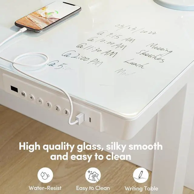 Alt view image 6 of 7 - Electric Standing Desk with Drawers, 55 inch Whole-Piece Glass Desktop, Height Adjustable Stand up Sit Stand Home Office Ergonomic Workstation, White Tabletop