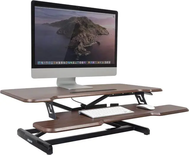 Main image of Mount-It! Height Adjustable Stand Up Desk Converter, 38 Wide Tabletop Standing Desk Riser with Gas Spring Desktop Standing Desk with Keyboard Tray Fits Two Monitors, Dark Walnut