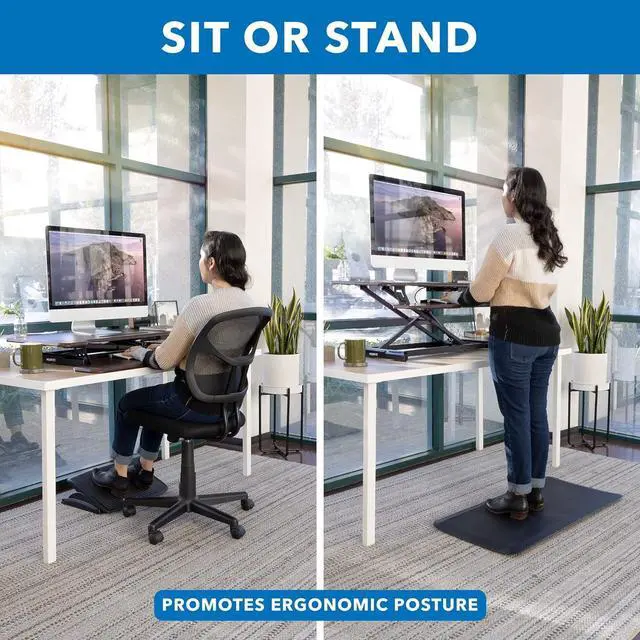 Alt view image 3 of 7 - Mount-It! Height Adjustable Stand Up Desk Converter, 38 Wide Tabletop Standing Desk Riser with Gas Spring Desktop Standing Desk with Keyboard Tray Fits Two Monitors, Dark Walnut