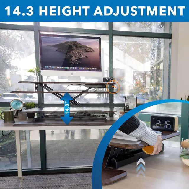Alt view image 5 of 7 - Mount-It! Height Adjustable Stand Up Desk Converter, 38 Wide Tabletop Standing Desk Riser with Gas Spring Desktop Standing Desk with Keyboard Tray Fits Two Monitors, Dark Walnut