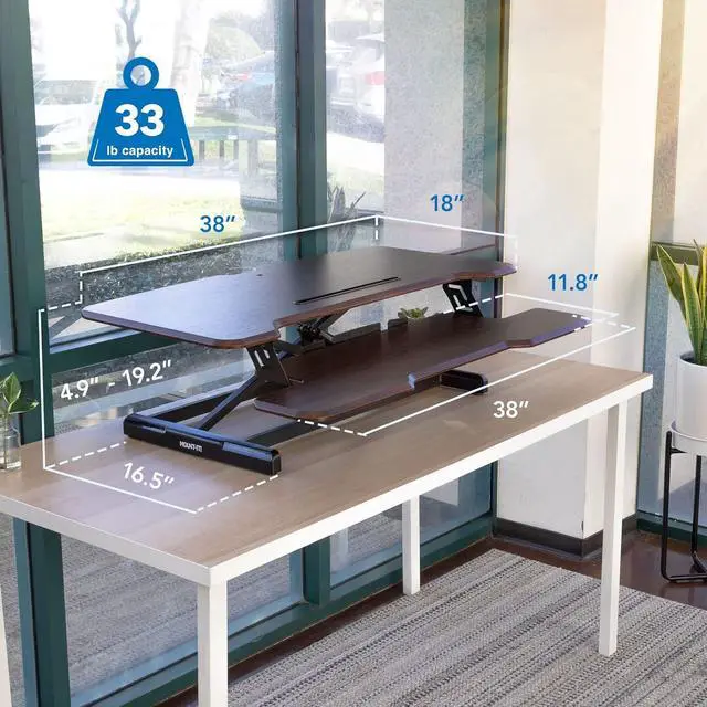 Alt view image 6 of 7 - Mount-It! Height Adjustable Stand Up Desk Converter, 38 Wide Tabletop Standing Desk Riser with Gas Spring Desktop Standing Desk with Keyboard Tray Fits Two Monitors, Dark Walnut