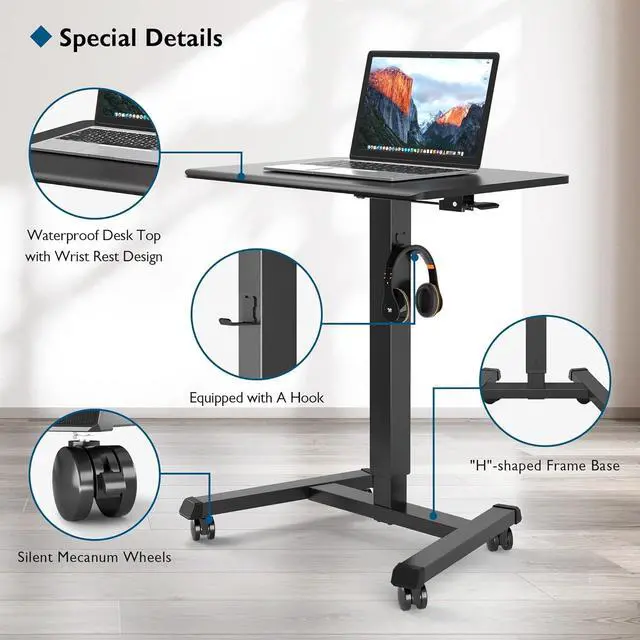 Alt view image 5 of 7 - 25.6 x 17.7 Inch Mobile Stand Up Desk, Podium, Rolling Standing Desk Up to 33LBS with Wheels and Stoppers, Laptop Standing Desk Height Adjustable, Black