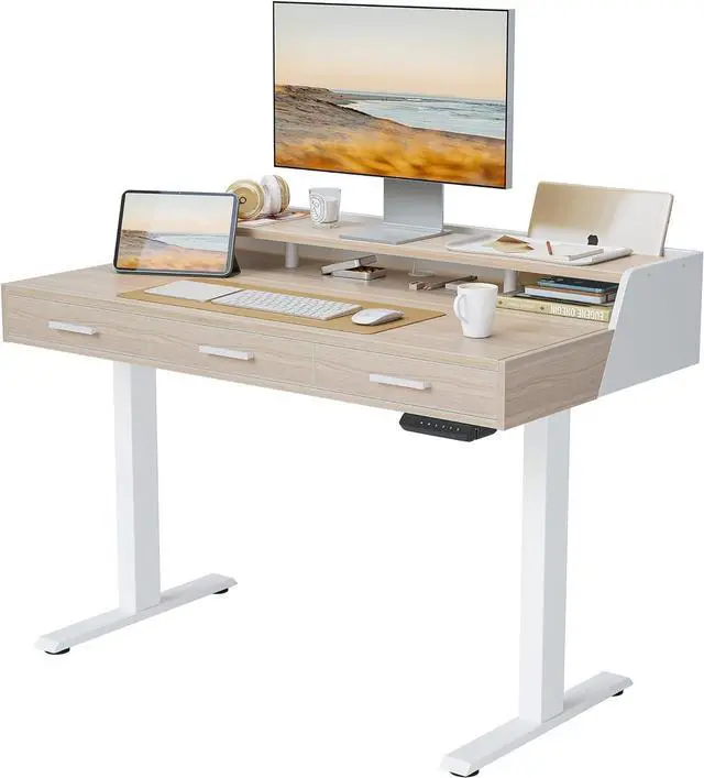 Main image of FEZIBO Electric Standing Desk with 3 Drawers&Monitor Shelves, 48 x 26 Inches Splice Board Sit Stand Up Home Office Desks, White Frame/Light Walnut Top