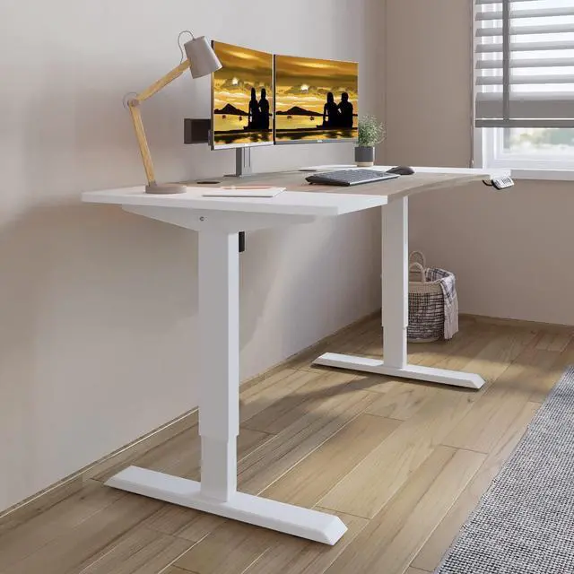 Alt view image 2 of 7 - Jceet Dual Motor Electric Standing Desk - 63 x 30 Inch Adjustable Height Sit Stand Computer Desk with Splice Board, Stand Up Desk Table for Home Office, White Frame/Oak and White Top(with Radian)
