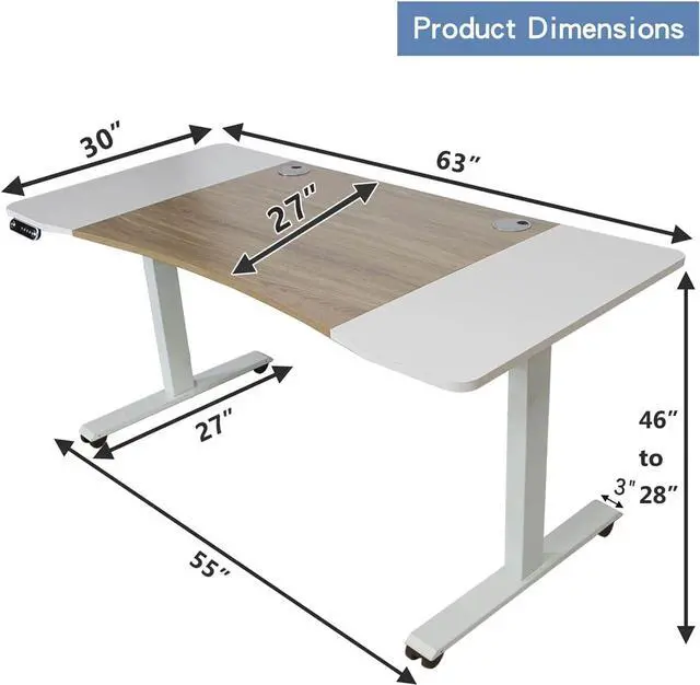 Alt view image 3 of 7 - Jceet Dual Motor Electric Standing Desk - 63 x 30 Inch Adjustable Height Sit Stand Computer Desk with Splice Board, Stand Up Desk Table for Home Office, White Frame/Oak and White Top(with Radian)