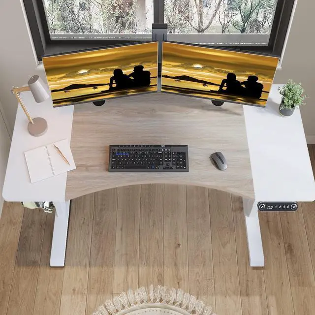 Alt view image 4 of 7 - Jceet Dual Motor Electric Standing Desk - 63 x 30 Inch Adjustable Height Sit Stand Computer Desk with Splice Board, Stand Up Desk Table for Home Office, White Frame/Oak and White Top(with Radian)