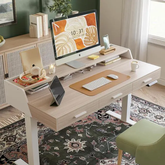 Alt view image 2 of 7 - FEZIBO Electric Standing Desk with 3 Drawers&Monitor Shelves, 48 x 26 Inches Splice Board Sit Stand Up Home Office Desks, White Frame/Light Walnut Top