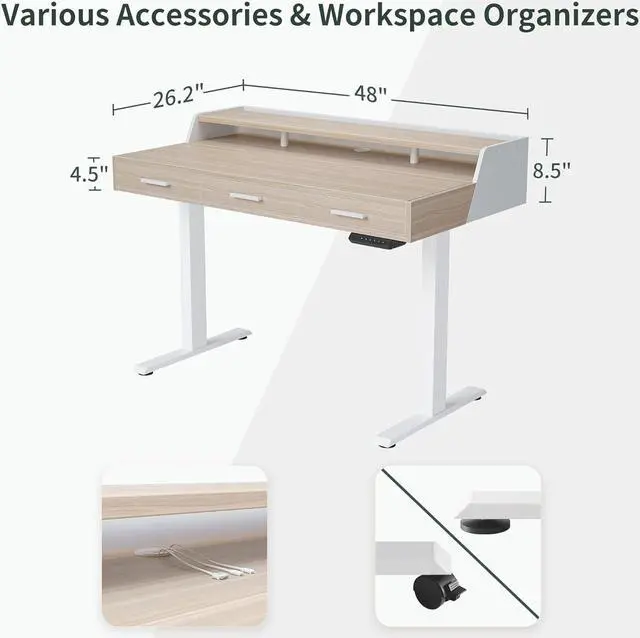 Alt view image 3 of 7 - FEZIBO Electric Standing Desk with 3 Drawers&Monitor Shelves, 48 x 26 Inches Splice Board Sit Stand Up Home Office Desks, White Frame/Light Walnut Top