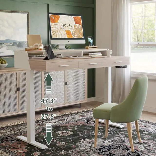 Alt view image 5 of 7 - FEZIBO Electric Standing Desk with 3 Drawers&Monitor Shelves, 48 x 26 Inches Splice Board Sit Stand Up Home Office Desks, White Frame/Light Walnut Top