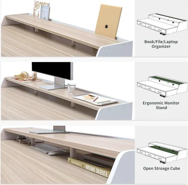 Alt view image 6 of 7 - FEZIBO Electric Standing Desk with 3 Drawers&Monitor Shelves, 48 x 26 Inches Splice Board Sit Stand Up Home Office Desks, White Frame/Light Walnut Top