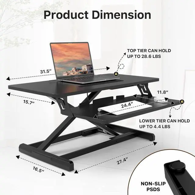 Alt view image 2 of 7 - JOY worker Standing Desk Converter, 32" Wide Height Adjustable Sit Stand Up Desk Riser with Keyboard Tray, Desktop Workstation Riser for Home Office Computer Laptop, Particle Board, Black