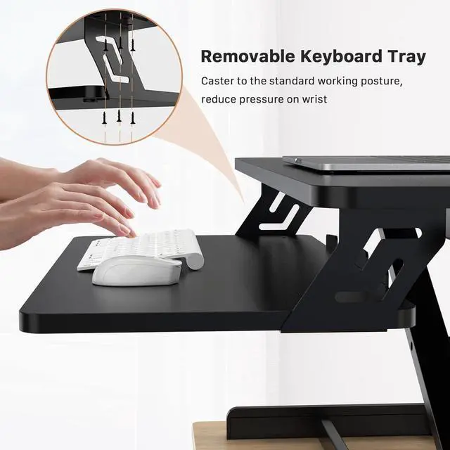 Alt view image 6 of 7 - JOY worker Standing Desk Converter, 32" Wide Height Adjustable Sit Stand Up Desk Riser with Keyboard Tray, Desktop Workstation Riser for Home Office Computer Laptop, Particle Board, Black