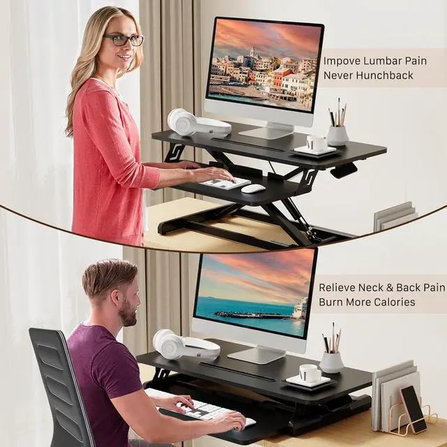 Alt view image 5 of 7 - JOY worker Standing Desk Converter, 32" Wide Height Adjustable Sit Stand Up Desk Riser with Keyboard Tray, Desktop Workstation Riser for Home Office Computer Laptop, Particle Board, Black