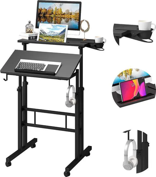 Main image of Klvied Mobile Standing Desk with Cup Holder, Portable Stand Up Desk, Adjustable Height Small Standing Desk, Rolling Desk with Wheels, Home Office Laptop Cart, Computer Desk for Standing or Sitting