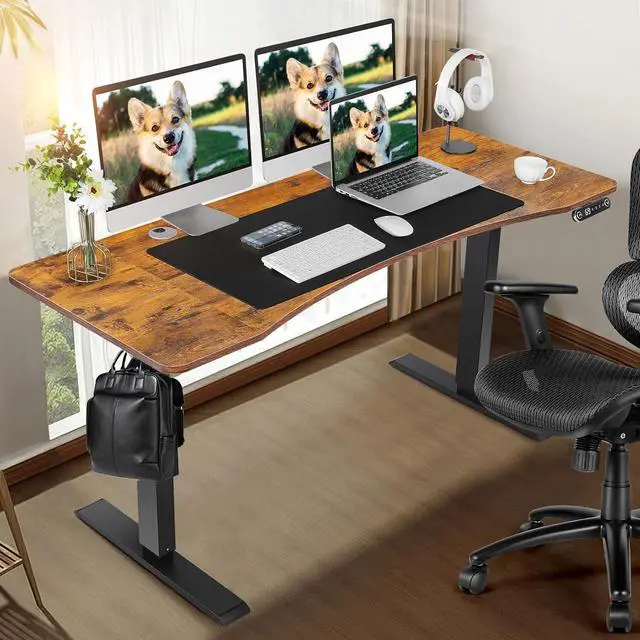 Alt view image 3 of 7 - Electric Standing Desk Adjustable Height, 55x24 Inches Computer Desk with Ergonomically Curved Desktop, Multifunctional Stand up Desk for Home/Office(Brown)