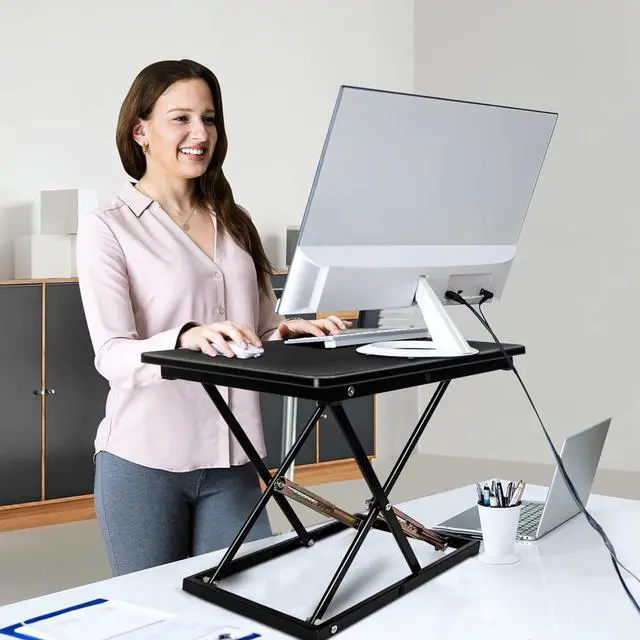 Alt view image 3 of 7 - STANDNEE Standing Desk Converter Height Adjustable Stand Up Desk Riser - Supports 300 lbs, Fully Assembled Monitor/Laptop Riser Workstation, Black.