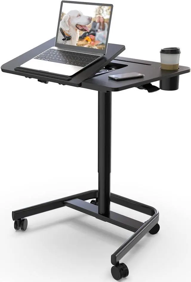 Main image of JOY worker Mobile Standing Desk, Height Adjustable Table, 60° Tiltable Rolling Laptop Desk, Portable Sit Stand Desk with Wheels Cup Holder for Bed Couch Hospital, Holds Up to 22lbs, Black
