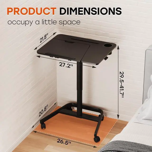 Alt view image 2 of 7 - JOY worker Mobile Standing Desk, Height Adjustable Table, 60° Tiltable Rolling Laptop Desk, Portable Sit Stand Desk with Wheels Cup Holder for Bed Couch Hospital, Holds Up to 22lbs, Black