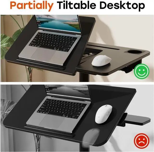 Alt view image 3 of 7 - JOY worker Mobile Standing Desk, Height Adjustable Table, 60° Tiltable Rolling Laptop Desk, Portable Sit Stand Desk with Wheels Cup Holder for Bed Couch Hospital, Holds Up to 22lbs, Black