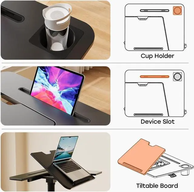 Alt view image 6 of 7 - JOY worker Mobile Standing Desk, Height Adjustable Table, 60° Tiltable Rolling Laptop Desk, Portable Sit Stand Desk with Wheels Cup Holder for Bed Couch Hospital, Holds Up to 22lbs, Black