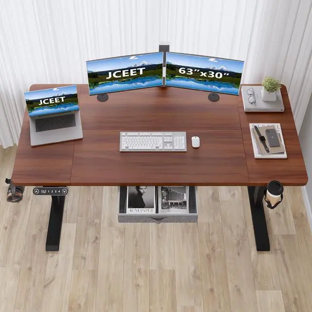 Alt view image 2 of 7 - Jceet Electric Standing Desk with Drawer, 63x30 Inches Adjustable Height Sit Stand Up Desk with 4 Splice Boards, Home Office Desk Computer Workstation with Dark Walnut Top/Black Frame