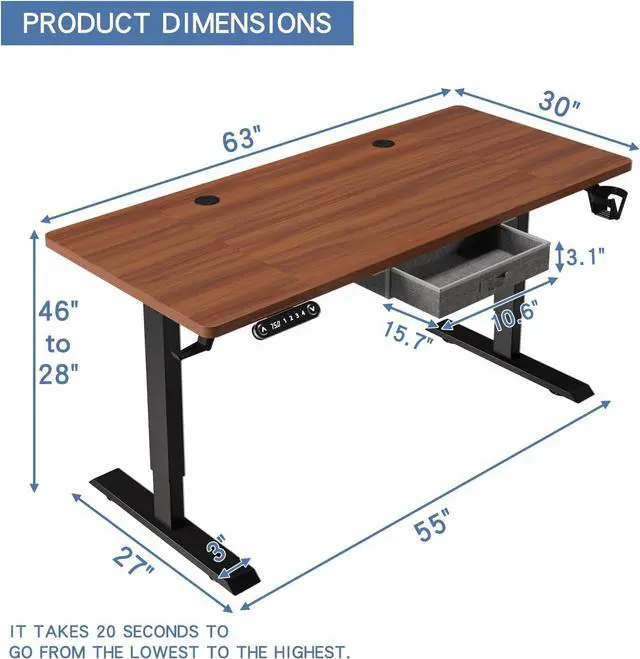 Alt view image 3 of 7 - Jceet Electric Standing Desk with Drawer, 63x30 Inches Adjustable Height Sit Stand Up Desk with 4 Splice Boards, Home Office Desk Computer Workstation with Dark Walnut Top/Black Frame