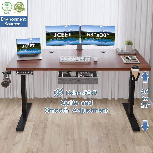 Alt view image 4 of 7 - Jceet Electric Standing Desk with Drawer, 63x30 Inches Adjustable Height Sit Stand Up Desk with 4 Splice Boards, Home Office Desk Computer Workstation with Dark Walnut Top/Black Frame