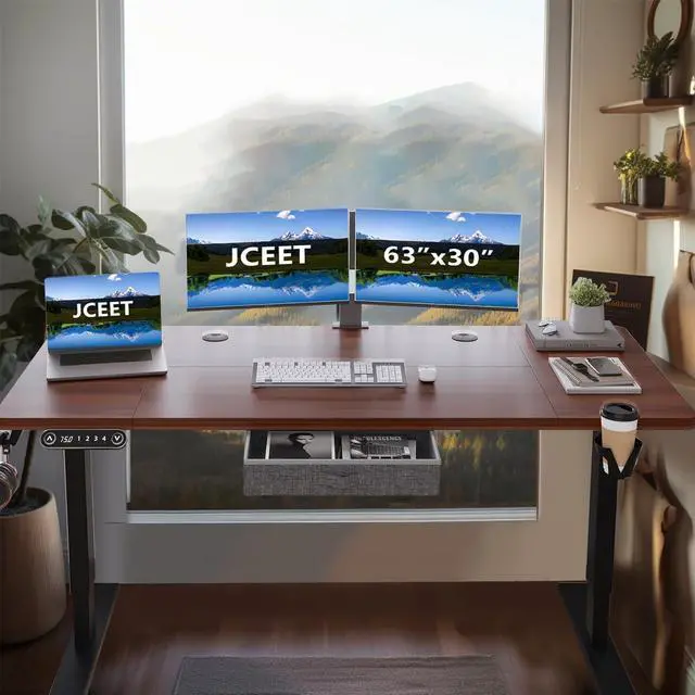 Alt view image 6 of 7 - Jceet Electric Standing Desk with Drawer, 63x30 Inches Adjustable Height Sit Stand Up Desk with 4 Splice Boards, Home Office Desk Computer Workstation with Dark Walnut Top/Black Frame