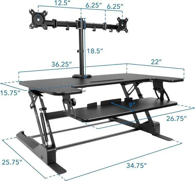 Alt view image 2 of 7 - Standing Desk Converter with Bonus Dual Monitor Mount Included - Height Adjustable Stand Up Desk - Wide 36 Inch Sit Stand Workstation with Gas Spring Lift Black (MI-7934)